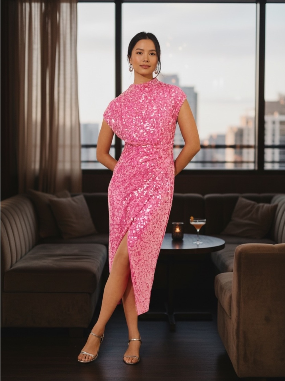 SAYLOR Pink Sequin Midi Dress